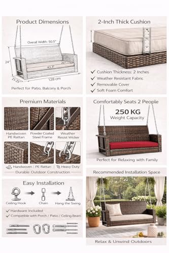 Image of Carry Bird Rattan Wicker Two Seater Swings with Cushion, Brown, 120x60x60 cm, Garden Porch Hammock for Adults (Olive Green, 2 Seater Prouch Swing, Leather Brown Prouch Swing)