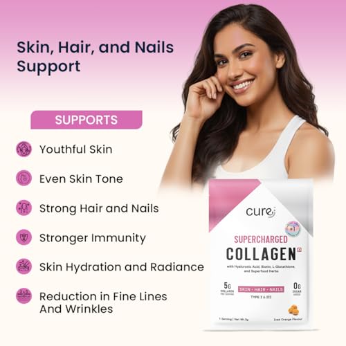 Image of Supercharged Collagen Powder Pack of 5 x 8g | Type I and III Collagen Peptides with Biotin L-Glutathione Sea Buckthorn | Skin Hair Nails Support |Orange | Men and Women