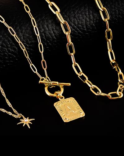 MJartoria Layered Initial Necklaces for Women Trendy, 14K Gold Plated Brass Simple Star Choker Square Letter Pendant Necklace, Paperclip Chain Necklaces Jewelry Gifts4