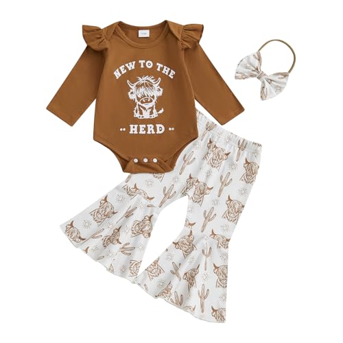 New To The Herd Baby Girl Western Outfit Highland Cow Print Long Sleeve Romper Flare Pants Headband Fall Outfits