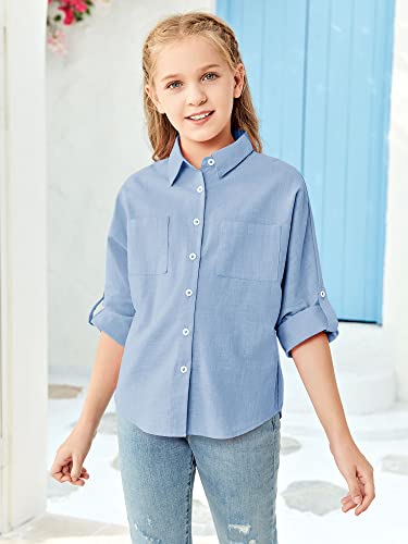 Modershe Girls Roll Up Cuffed Sleeve Button Down Shirts Cute Casual Pockets Blouses 5-14 Years Kids Loose Collared Tunic Tops Light Blue #TOP3