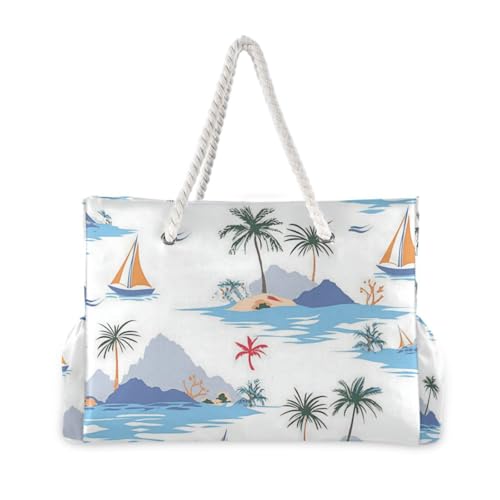 Tropical Seascape Pattern Large Beach Bag, Travel Tote Bag Zippered, Water Resistant Family Size for Seaside, Shower Stall, Swiming Pool2