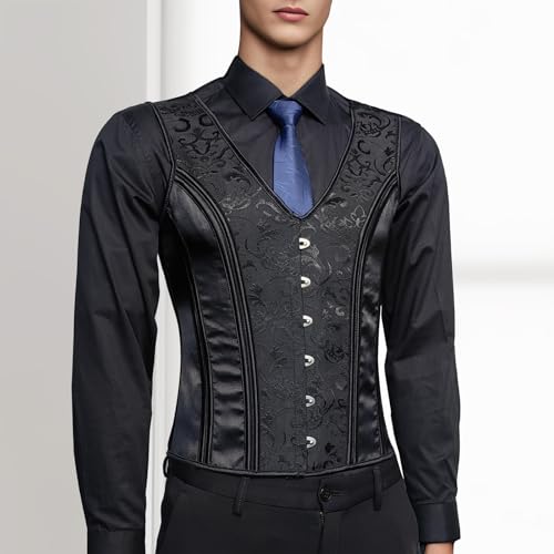 Men Dress Waistcoat Vintage Corset Vest Lace Up Boned Black Formal Tops Wedding Stage4