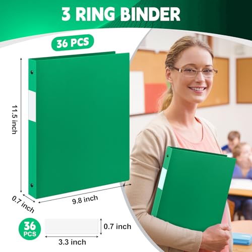 Image of Henoyso 36 Pack 0.5 Inch Plastic 3 Ring Binder Round Ring, Bulk 1 /2 Inch Flexible Binders Hold 140 Sheets Letter Size with Pocket, Document Organizer for Back to School Classroom Office (Green)