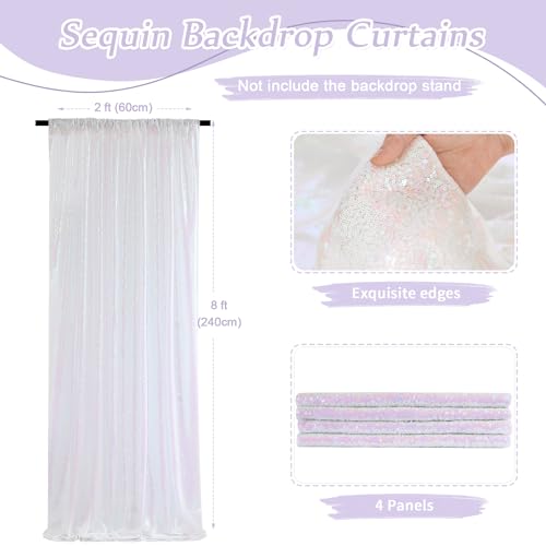 Image of White Iridescent Sequin Backdrop Curtains 4 Pcs 2ftx8ft Wedding Stage Background Backdrop Glitter Fabric Backdrop Drape