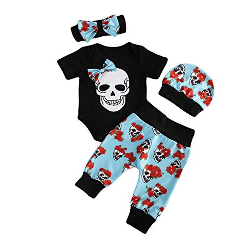 Image of Yuemengxuan 4PCS Infant Newborn Baby Boys Girl Skull Romper+Pants+Hat+Mitten or Headband Halloween Clothes Outfit Set (Black+Blue, 0-6 Months)