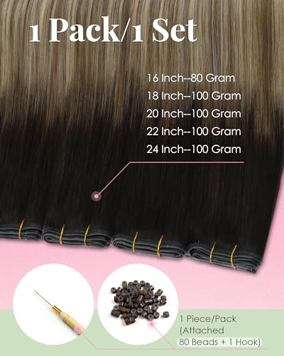 Image of YoungSee Butterfly Weft Hair Extensions, 80g 16 Inch Balayage Human Hair Butterfly Weft Extensions, Dark Brown Ombre Medium Brown with Blonde, Seamless PU Hole Weft Hair Extension for Women