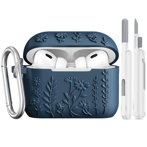 AIRSPO Airpod Pro 2nd Generation Case, 3D Floral Embossed Soft Silicone Protective Cover with Cleaner Kit for Apple Airpods Pro 2nd 1st Gen Case with Keychain (Midnight Blue, AirPods Pro 3 Case)