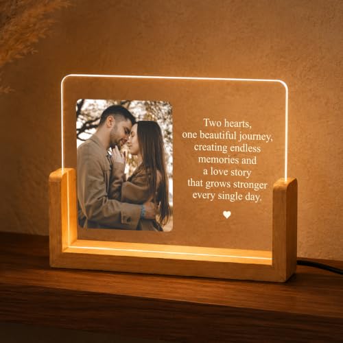 Image of Giftplease Personalized LED Acrylic Photo Frame with Custom Picture and Message Engraved Night Lamp Wooden Base USB Powered Couple Keepsake Home Decoration Anniversary Wedding Birthday Memory