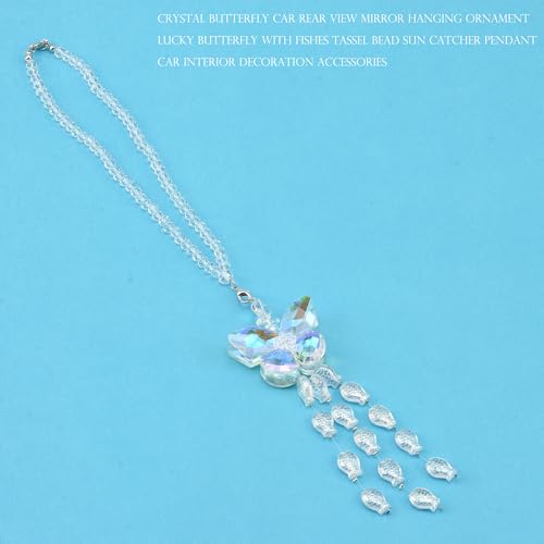 Image of Crystal Butterfly Car Rear View Mirror Hanging Ornament Lucky Butterfly with Fishes Tassel Bead Sun Catcher Pendant Car Interior Decoration Accessories