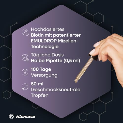 Biotin Tropfen mit EMULDROP Technologie für maximale Aufnahme 100 Tage (50 ml) vegan und sublingual für Haare Haut und Nägel ohne Konservierungsstoffe