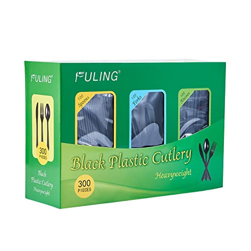 Image of FULING [300 Combo Box] Black Plastic Forks Spoons Knives Heavyweight Utensils Disposable Silverware Heavy Duty Cutlery Set