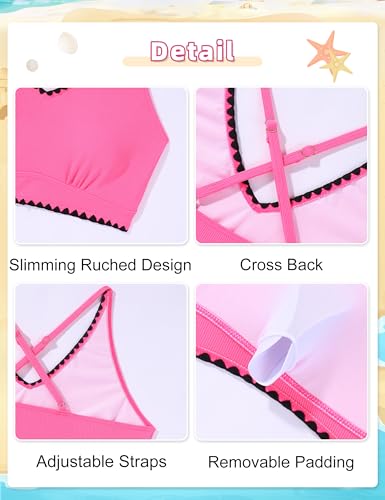 Image of Girls Swimsuit Contrast Trim Cross Back Swimwear Girls Bathing Suit with Padding 7-16Y