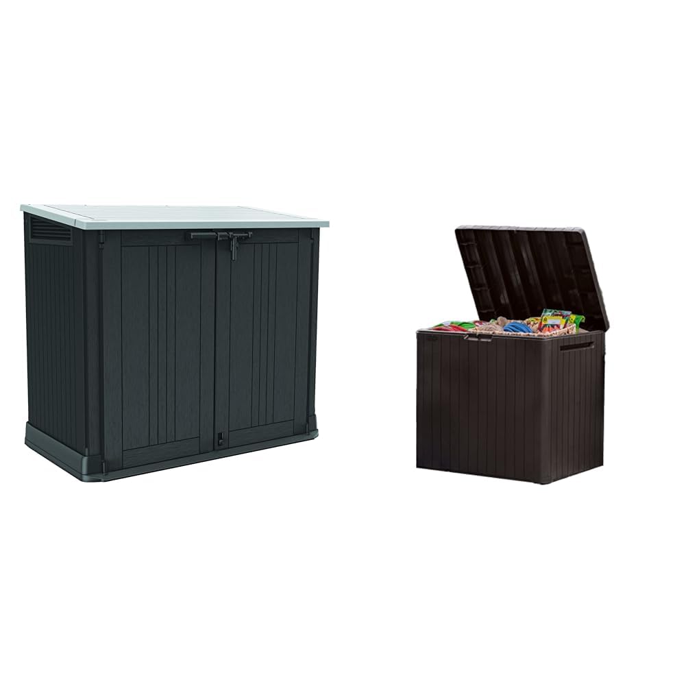 KeterStore-It-Out Prime 4.3 x 3.7 ft. Outdoor Resin Storage Shed with Easy Lift Hinges & City 30 Gallon Resin Deck Box for Patio Furniture, Pool Accessories, and Storage for Outdoor Items