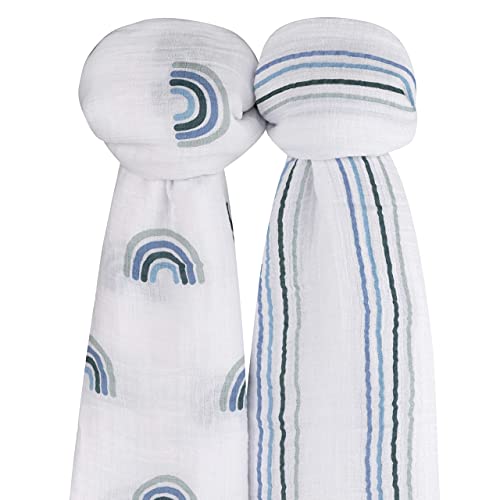 Image of Ely's & Co. Cotton Muslin Swaddle Blanket 2-Pack for Baby Boy - 100% Cotton Muslin Extra-Large Swaddle Blankets (47 inch x 47 inch) Blue Rainbows | Blue Stripes