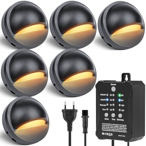 6 Stück Dimmbare LED Zaunbeleuchtung Gartenbeleuchtung, Timer Gartenzaunleuchten mit Niederspannungstransformator, Fotozellensensor, IP67 Wasserdichte Zaunleuchten für Terrasse Zaun (Warmweißes )