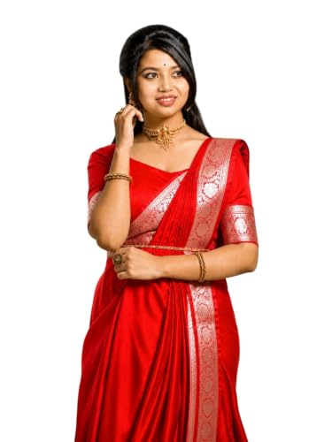 Image of Women's Glory Banarasi Satin Silk Saree Plain Silver Zari | Unstiched Blouse Piece Included.