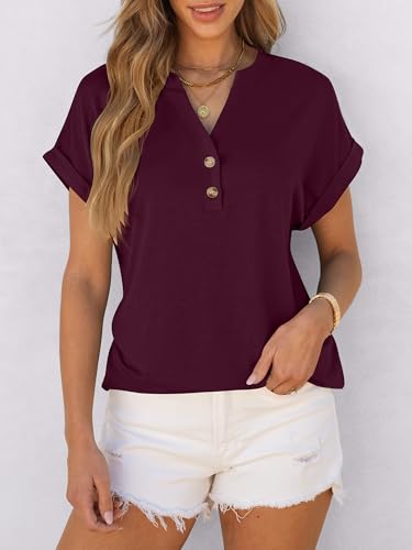 Image of ANRABESS Womens Short Sleeve Henley Tops V Neck Dressy Casual Blouses Summer Trendy Tee Shirts 2026 Vacation Fashion Clothes