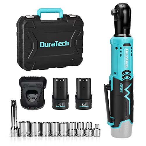 DURATECH Cordless Electric Ratchet Wrench Set, 48 Ft-lbs 3/8" 12V Power Ratchet Wrench with 2PCS 2.0Ah Li-Ion Battery, 1 Hour Fast Charger, 8PCS Socke