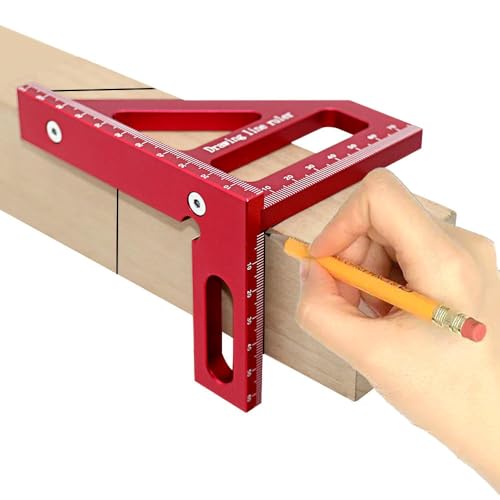 3D Multi-Angle Measuring Tool 45/90 Degree Aluminum Alloy Woodworking Square Protractor Drawing Line Ruler Miter Triangle Ruler Layout Measuring Tool for Woodworking (Metric-Red)