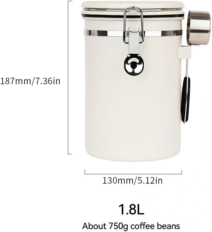 watchget Airtight Coffee Canister Coffee Bean Storage One Way Releasing Valve Container with Date Tracker and Scoop 1.8 Liter Stainless Steel Food Storage Container Canister, Creamy White