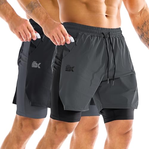 BROKIG Men's Dual-Layer Gym Shorts, Lightweight Quick Dry Running Bodybuilding 7'' Fitted Workout Short Lined-Zip Pocket