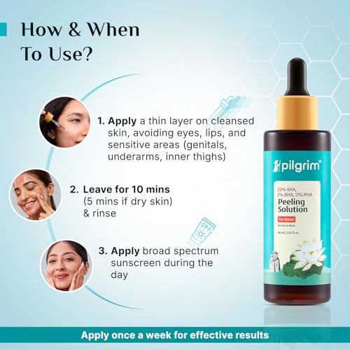 Image of Pilgrim 25% AHA + 2% BHA + 5% PHA Peeling Solution 60ml For Face & Body |10-Minute Facial At Home|Gentle Exfoliating Serum for Tan Removal |For Glowing Skin, Even Skin Tone, Pore Cleansing |Men, Women