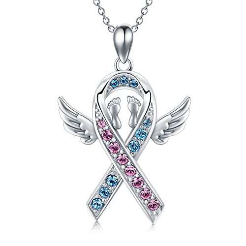 AOBOCO 925 Sterling Silver Mommy Of Angel Pink and Blue Ribbon Necklace Pregnancy Loss Infant Child Loss Awareness Sympathy Miscarriage Pendant Memorial Jewelry Gift for Mother