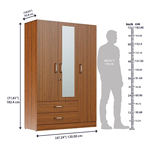 Image of Wakefit Wardrobe | 1 Year Warranty | Engineered Wood Almirah, Cupboard for Clothes Storage | 3 Door, Mirror, 1 Drawer, 1 Hanging Space | Organza Plus - Natural Teak