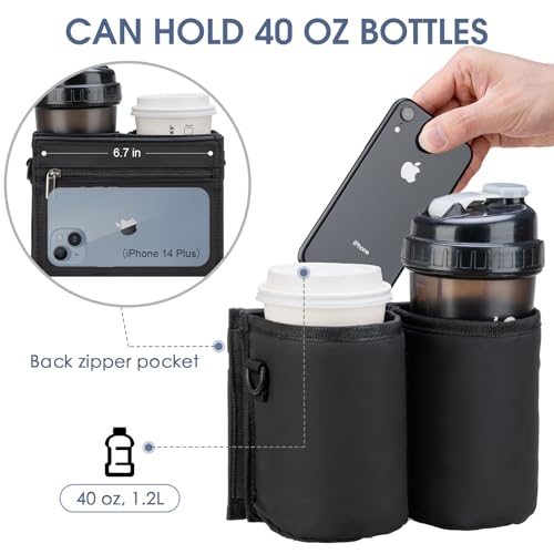 Luggage Cup Holder Travel Drink Bag Luggage Drink Caddy with Shoulder Strap, Thermal Insulation and Zipper Pocket, Travel Accessories Gifts for Flight Attendants, Fits Roll on Suitcase Handles (Black)4