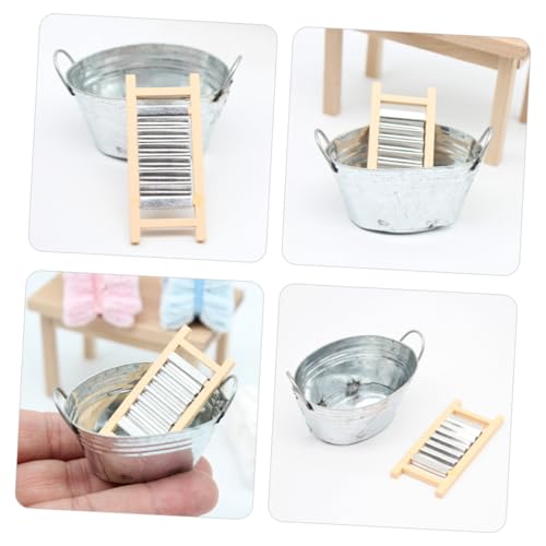 BESPORTBLE 1 Satz Puppenhaus-Modell Winziges Wäschebrett-zubehör Puppenhaus-wäschekorb Miniatur-wäschekorb Miniatur-waschbeckenmodell Mini-waschbrett Haushalt Kind Holz Dekorative Gegenstände – Bild 3