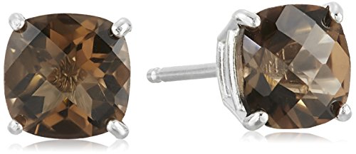 Sterling silver cushion-cut checkerboard smoky quartz stud earrin…