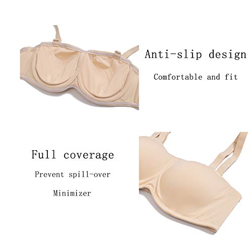 Dhx Women's Strapless Bandeau Bra Full Coverage Support Bras Removable Pads With Clear Straps, Beige, 34C #TOP5