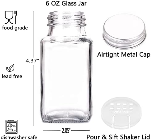 SWOMMOLY 25 Glass Spice Jars 6 oz Empty Square Spice Bottles with 703 Spice Labels, Chalk Marker and Funnel Complete Set. Spice Containers with Airtight Cap, Pour/sift Shaker Lid
