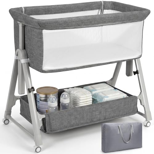 Image of Cowiewie Bassinet Bedside Sleeper,3-in-1 Baby Bassinet with Comfy Mattress & Wheels,Easy Folding Portable Bedside Bassinet for Baby with Storage & Travel Bag,Breathable Mesh,Stable & Secure(Dark Gray