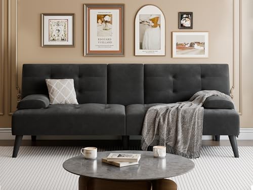 Meilocar 64" Futon Sofa Bed, 64" Convertible Loveseat with 2 Cup Holders, Small Couch with 3 Adjustable Angles & Removable Armrest, Modern Sleeper Sofa for Apartment,5.3 FT, Black