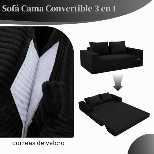 Sofá cama convertible de pana sin montaje para solucionar la falta de espacio negro 7
