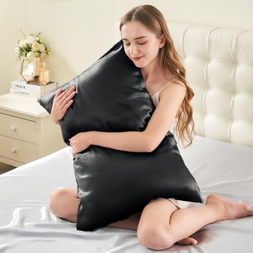 Image of INFIIXSO Silk Pillow Cases 2 Pack Standard Size, Ultra Smooth & Soft Mulberry Silk Pillow Case for Hair and Skin, Breathable Cooling Silk Pillowcase with Hidden Zipper (Black, 20x26 Inches)