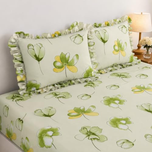 Image of 380 TC Premium Glace Cotton Elastic Fitted Bedsheet King Size with 2 Pillow Covers King Size | Double Bed with All Around Elastic (NEW Green, Fitted Queen-60x78)