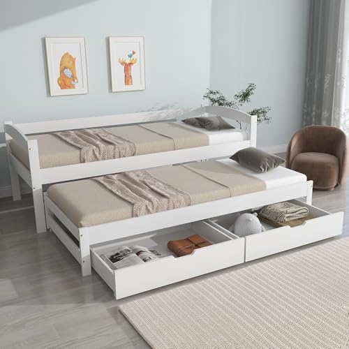 CelticHearth Lit gigogne avec lit roulant et 2 tiroirs, bois massif de pin et MDF, blanc, 205 x 94,5 x 70 cm, extensible, pour lit simple 200 x 90 cm/190 x 90...