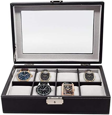 Elegant 8 Piece XL Oversized Extra Large Black Leatherette Watch Display Case and Storage Organizer Box for up to 65 MM watches with Glass Top and Large Faux Suede Grey Pillows Father's Day Gift