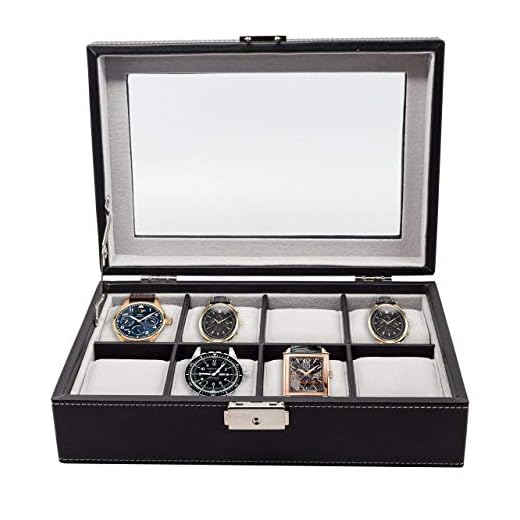 Elegant 8 Piece XL Oversized Extra Large Black Leatherette Watch Display Case and Storage Organizer Box for up to 65 MM watches with Glass Top and Large Faux Suede Grey Pillows Father's Day Gift