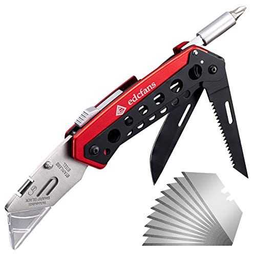 Folding Pocket Utility Knife Heavy Duty Box Cutter with Flat Head and Phillips Screwdriver, Saw, Fruit Knife, Belt Clip, Quick Change Blades Lock Back Design(10 Blades)