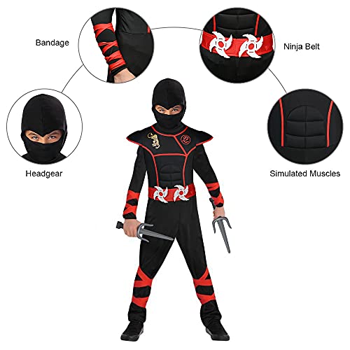 ACWOO Ninja-kostuum Voor Kinderen, 13-in-1 Halloween-kostuum Voor Kinderen, Ninja-kostuum Voor Kinderen Met Rode Riemen (arm- En Beenbanden), Werpsterren (darts), Ninjadolken, Maskers, Riemen En Handschoenen Voor Kindercosplay En Aankleden Feest, Carnaval, Halloween, Themafeest, Vechter - Image 6