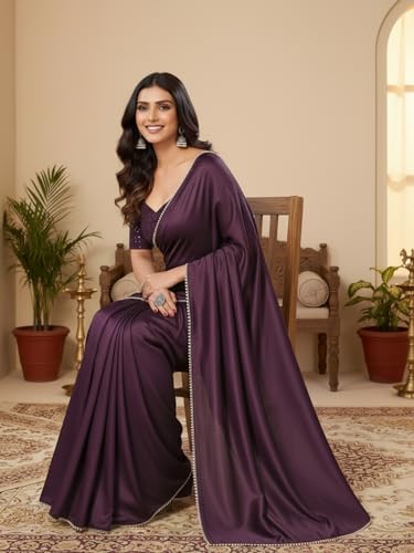 Image of FABIAN FASHION Women's Plain Japan Satin Silk Saree with Pearl Lace Border, Includes Unstitched Matching Blouse Piece - Elegant Saree(AVN 1694)