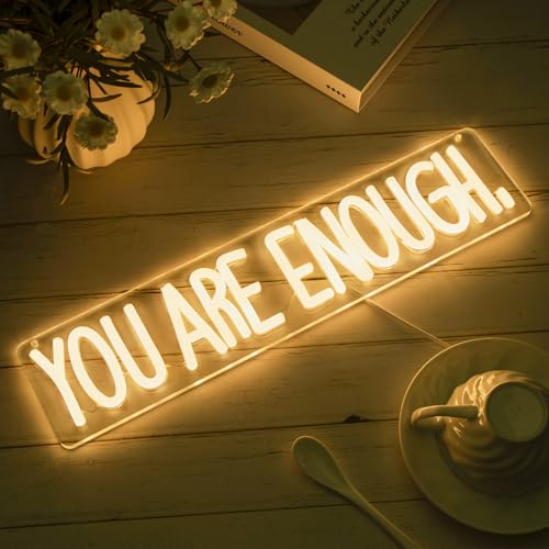 Image of You Are Enough Neon Sign Dimmable Neon Signs for Wall Decor Affirmation LED Signs USB Neon Light Up Sign for Bedroom Living Room Reading Room Classroom Book Party Library Decoration for Women Men Kids
