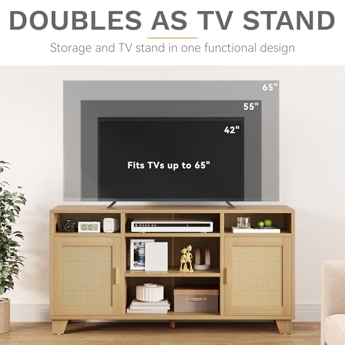 DWVO Rattan TV Stand for TVs up to 65 Inch, Entertainment Center with Rattan Door, Boho Media Console with Adjustable Shelf, 1 Solid Wood Feet, TV Stands for Living Room