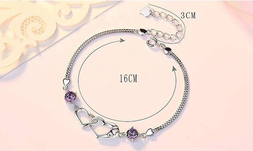 Image of Nilu's Collection Double Heart Shape Cubic Zirconia Charm Bracelet, Love Bracelet for Women and Girls, Valentine's Day Gift