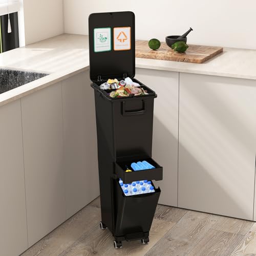 COSTWAY kosz na śmieci 3 komory, 32L kosz na odpady z przechylanym pojemnikiem, szufladą i naklejką, kosz na śmieci na rolkach, 3 w 1 system segregacji śmieci z uchwytem i haczykami do kuchni, salonu