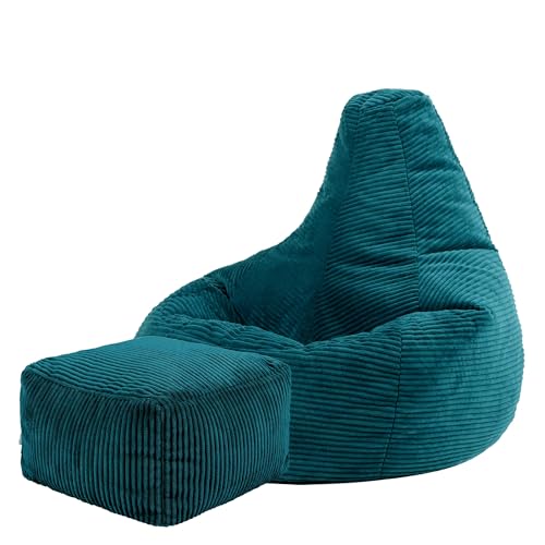 Icon Dalton Sitzsack mit Hocker Cord, Blaugrün, Gaming Sitzsack Erwachsene mit Füllung, Bean Bag, Cord Sessel, Lounge Sessel, Lounge Stuhl, Schlafzimmer, Wohnzimmer, Wohnzimmer Möbel